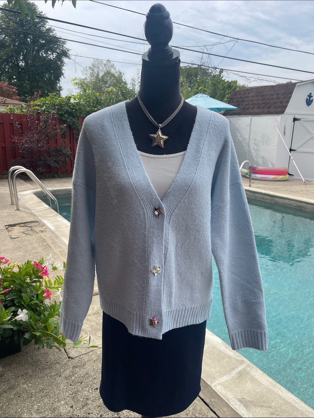 No Boundaries Light Blue V-Neck Button Cardigan Sweater with Star Buttons